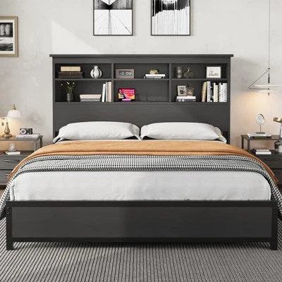Full Size Bed Frame With Bookcase Headboard, Full Platform Bed With 2-tier Storage & Charging Station, No Box Spring Needed Easy Assemble,Black 2 Full Size Bed Frame With Bookcase Headboard, Full Platform Bed With 2-tier Storage & Charging Station, No Box Spring Needed Easy Assemble,Black - Image 2