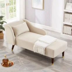 Modern Velvet Chaise Lounge Chair, Upholstered Arm Chaise Lounge With Curved Armrest, Sleeper Lounge Sofa Couch For Bedroom Office Living Room