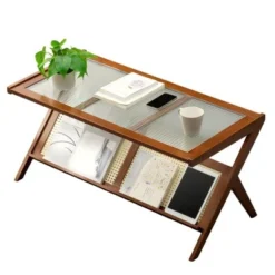 Modern Coffee Table With Glass Top & Rattan Shelf - Z-Shape Design, Warm Wood Frame For Living Room, Office 8 Modern Coffee Table With Glass Top & Rattan Shelf - Z-Shape Design, Warm Wood Frame For Living Room, Office -Garvee Sales GUEST 018e57f6 04d4 4ebb 9754 7609297c6284