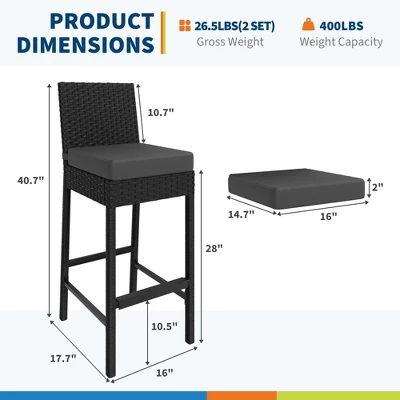 Garvee Patio Wicker Barstools With Cushions, Outdoor Wicker Bar Stools Set Of 2, Rattan Bar Height Stool Set Armless For Backyard, Poolside 3 Garvee Patio Wicker Barstools With Cushions, Outdoor Wicker Bar Stools Set Of 2, Rattan Bar Height Stool Set Armless For Backyard, Poolside - Image 3