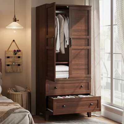 Armoire Wardrobe Closet With 2 Drawers,72" Wooden Tall Clothing Wardrobe Cabinet With Hanging Rod, Armoire With Doors Adjustable Shelves For Bedroom 7 Armoire Wardrobe Closet With 2 Drawers,72" Wooden Tall Clothing Wardrobe Cabinet With Hanging Rod, Armoire With Doors Adjustable Shelves For Bedroom - Image 7