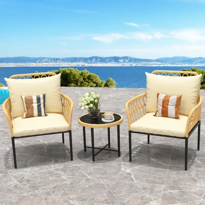 3-Piece Bistro Patio Set, All-Weather Wicker Conversation Set With Cushions & Coffee Table For Garden, Balcony, Deck, Or Poolside ¨C Beige 3 3-Piece Bistro Patio Set, All-Weather Wicker Conversation Set With Cushions & Coffee Table For Garden, Balcony, Deck, Or Poolside ¨C Beige - Image 3
