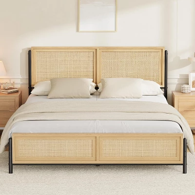 Boho Wooden Full/Queen/King Size Bed Frame With Natural Rattan Headboard And Footboard, No Box Spring Needed, Noise-Free Easy Assemble Metal Bedframe 6 Boho Wooden Full/Queen/King Size Bed Frame With Natural Rattan Headboard And Footboard, No Box Spring Needed, Noise-Free Easy Assemble Metal Bedframe - Image 6