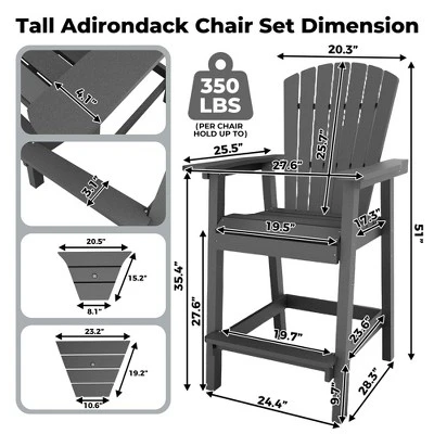 Outdoor Recycled Poly Adirondack Barstools Set Of 2 – Tall Weatherproof Bar Height Chairs W/ Removable Tray, Gray (350lb Capacity) 2 Outdoor Recycled Poly Adirondack Barstools Set Of 2 – Tall Weatherproof Bar Height Chairs W/ Removable Tray, Gray (350lb Capacity) - Image 2