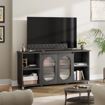 Modern TV Stand For 65 Inch, Black Entertainment Center With Storage Shelves & Glass Doors – Wooden Media Console Cabinet For Living Room 2 Modern TV Stand For 65 Inch, Black Entertainment Center With Storage Shelves & Glass Doors – Wooden Media Console Cabinet For Living Room - Image 2