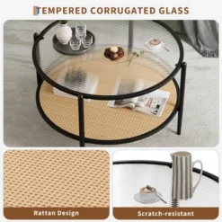 30" Rattan Coffee Table, 2-Tier Round End Table With Storage, Round Water-Wave Glass Metal Center Tables 10 30" Rattan Coffee Table, 2-Tier Round End Table With Storage, Round Water-Wave Glass Metal Center Tables -Garvee Sales GUEST 04cb7a87 72da 43b0 a8dd 0be3c3de742d