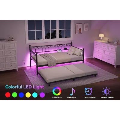 Twin Size Daybed With Pop-Up Trundle & LED Lights, Pull Out Bed With Charging Station And Pull Out Turundle, Metal Sofa Bed Frame For Living Room 2 Twin Size Daybed With Pop-Up Trundle & LED Lights, Pull Out Bed With Charging Station And Pull Out Turundle, Metal Sofa Bed Frame For Living Room - Image 2