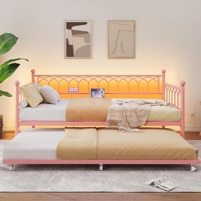 Twin Size Daybed With Pop-Up Trundle & LED Lights, Pull Out Bed With Charging Station And Pull Out Turundle, Metal Sofa Bed Frame For Living Room 11 Twin Size Daybed With Pop-Up Trundle & LED Lights, Pull Out Bed With Charging Station And Pull Out Turundle, Metal Sofa Bed Frame For Living Room - Image 11