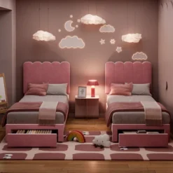 2 Sets Twin Bed Frame With Under-Bed Drawer, Velvet Upholstered Platform Bed With Wave Headboard,No Box Spring Needed 11 2 Sets Twin Bed Frame With Under-Bed Drawer, Velvet Upholstered Platform Bed With Wave Headboard,No Box Spring Needed -Garvee Sales GUEST 05ab8859 56ec 4258 942a 38030be51268