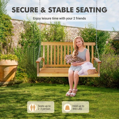 Wooden Porch Swing, Patio Bench Swing Porch Swing Outdoor, Heavy Duty Swing Chair Bench 440LBS With Hanging Chains For Outdoor Patio Garden Yard 9 Wooden Porch Swing, Patio Bench Swing Porch Swing Outdoor, Heavy Duty Swing Chair Bench 440LBS With Hanging Chains For Outdoor Patio Garden Yard - Image 9