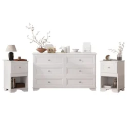 3-Pieces Bedroom Dresser Night Stand Set, 6-Drawer Dresser And 2 Nightstands With Metal Handles, Elegant Design And Retro Style,White -Garvee Sales GUEST 072bbe9f 44de 4950 8224 451cb700e9f3
