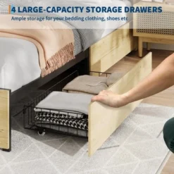 Bed Frame With Natural Rattan Headboard, Queen Size, 4 Storage Drawers, Wooden Slats, Boho-Style Cane Support, Metal Base 11 Bed Frame With Natural Rattan Headboard, Queen Size, 4 Storage Drawers, Wooden Slats, Boho-Style Cane Support, Metal Base -Garvee Sales GUEST 0770fd53 d4ba 4962 9720 9fb54b7eda2a