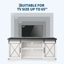 Farmhouse TV Stand And Entertainment Center For TV Up To 65 Inches With Sliding Barn Doors And Adjustable Shelf, White & Brown 12 Farmhouse TV Stand And Entertainment Center For TV Up To 65 Inches With Sliding Barn Doors And Adjustable Shelf, White & Brown -Garvee Sales GUEST 08e9be9e 83f3 45e6 9325 02bf3a4d3362