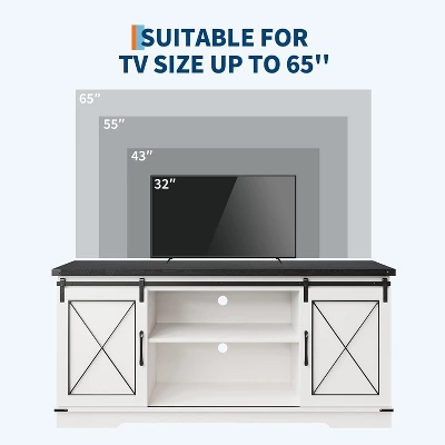 Farmhouse TV Stand And Entertainment Center For TV Up To 65 Inches With Sliding Barn Doors And Adjustable Shelf, White & Brown 6 Farmhouse TV Stand And Entertainment Center For TV Up To 65 Inches With Sliding Barn Doors And Adjustable Shelf, White & Brown - Image 6