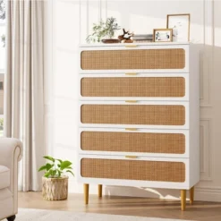 Garvee Rattan 5 Drawer Dresser For Bedroom, Tall Dresser With Deep Drawers, Large Chest Of Drawers For Closet With Wide Top For Living Room, Hallway