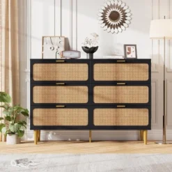 Rattan 6 Drawer Dressers For Bedroom, Boho Wooden Chests Of Drawers, Modern Double Dresser Chest For Living Room, Entryway, Kids Room -Garvee Sales GUEST 09665a6a 7038 40cd afb6 5dd733f092bb 2