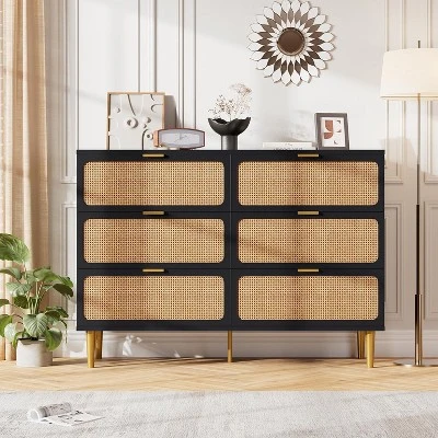 Rattan 6 Drawer Dressers For Bedroom, Large Double Dresser With Deep Drawers, Chest Of Drawers For Closet With Wide Top, Long Wooden Dresser 7 Rattan 6 Drawer Dressers For Bedroom, Large Double Dresser With Deep Drawers, Chest Of Drawers For Closet With Wide Top, Long Wooden Dresser - Image 7