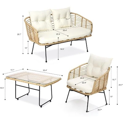 4-Piece Outdoor Patio Furniture Set With Boho Rope Wicker Sofa, Loveseat & Glass Table, All-Weather Couch For Garden, Backyard, Porch 1 4-Piece Outdoor Patio Furniture Set With Boho Rope Wicker Sofa, Loveseat & Glass Table, All-Weather Couch For Garden, Backyard, Porch
