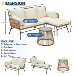 Modern L-Shaped Rattan Patio Set - Detachable Lounger, Tempered Glass Table & All-Weather Cushions For Poolside/Balcony