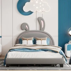 Full Size Bed Frame, Full Size Upholstered Leather Platform Bed With Ears Headboard Bed Frame With Rabbit Ornament