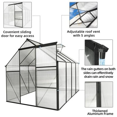 6x8 FT Polycarbonate Greenhouse, Aluminum Walk-in Greenhouses With Sliding Door & Raised Base, Plant Greenhouse For Outdoor Garden Backyard 3 6x8 FT Polycarbonate Greenhouse, Aluminum Walk-in Greenhouses With Sliding Door & Raised Base, Plant Greenhouse For Outdoor Garden Backyard - Image 3