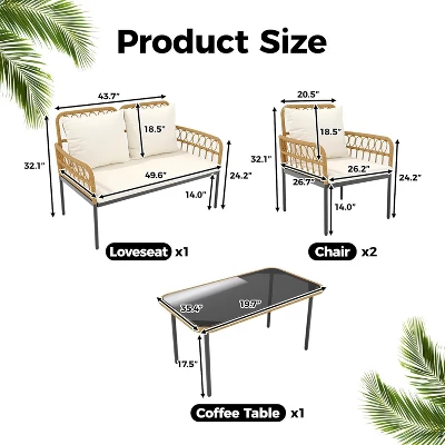 4-Piece Outdoor Patio Furniture Set, All-Weather PE Rattan Wicker Loveseat & Chairs With Glass Coffee Table & Steel Frame, Boho Conversation Set 1 4-Piece Outdoor Patio Furniture Set, All-Weather PE Rattan Wicker Loveseat & Chairs With Glass Coffee Table & Steel Frame, Boho Conversation Set