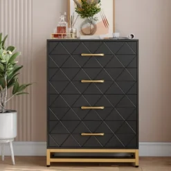 Dresser For Bedroom With 4 Drawer, Modern Dressers Chest Of Drawers, With Wide Drawers And Metal Handles, Wood Dressers, Black