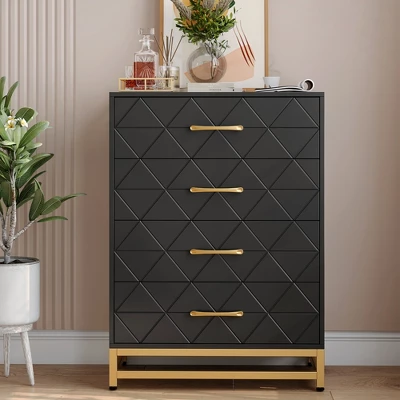 Dresser For Bedroom With 4 Drawer, Modern Dressers Chest Of Drawers, With Wide Drawers And Metal Handles, Wood Dressers, Black 1 Dresser For Bedroom With 4 Drawer, Modern Dressers Chest Of Drawers, With Wide Drawers And Metal Handles, Wood Dressers, Black