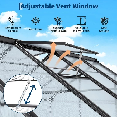 Garvee 6 X 8 FT Greenhouse, Greenhouse With Aluminum Frame, Lockable Door And Ajustable Roof Vent For Outside Garden Backyard, Patio, Black 3 Garvee 6 X 8 FT Greenhouse, Greenhouse With Aluminum Frame, Lockable Door And Ajustable Roof Vent For Outside Garden Backyard, Patio, Black - Image 3