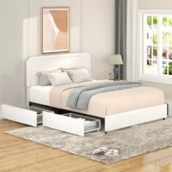 Queen Size Platform Bed With 4 Drawers Queen Upholstered Bed Frame With Curved Stitched Tufted Headboard, No Box Spring Needed, Ivory