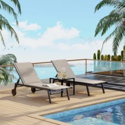 3Pcs Patio Chaise Lounge Chairs With Side Table, Adjustable Backrest Poolside Lounger Chairs With Wheels, Pool Outdoor Chaise Lounge Set Of 3