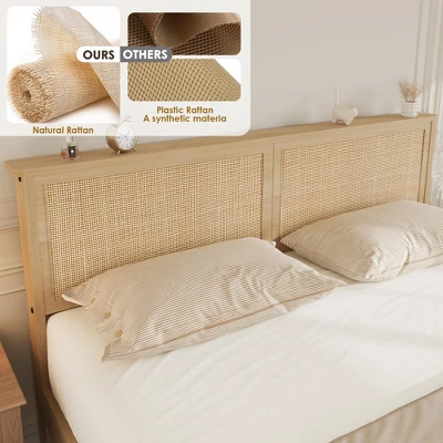 Rattan Bed Frame Bed Frame With 2 Drawers, Wooden Platform Bed With Rattan Headboard, Led Lights 3 Rattan Bed Frame Bed Frame With 2 Drawers, Wooden Platform Bed With Rattan Headboard, Led Lights - Image 3