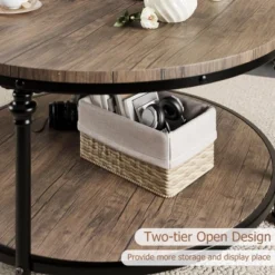 Coffee Table Round Center Table With Storage Shelf Wood Circle Coffee Table With Sturdy Metal Legs