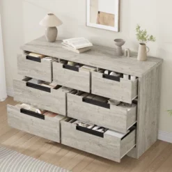 7 Drawer Dresser For Bedroom, Modern Double Dresser Organizer With Embedded Handles Design, Wooden Chest Of Drawers For Living Room, Nursery, Hallway