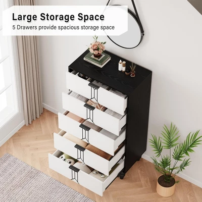 Modern Wooden 5 Drawer Dresser With Vintage Pattern Design, Tall Dresser With Deep Drawers For Bedroom, Living Room And Entryway, Oak And Gold 2 Modern Wooden 5 Drawer Dresser With Vintage Pattern Design, Tall Dresser With Deep Drawers For Bedroom, Living Room And Entryway, Oak And Gold - Image 2