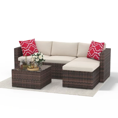 Modular Rattan Patio Sofa Set - All-Weather Wicker Sectional Conversation Set With Ottoman, Glass Table & Detachable Cushions 3 Modular Rattan Patio Sofa Set - All-Weather Wicker Sectional Conversation Set With Ottoman, Glass Table & Detachable Cushions - Image 3