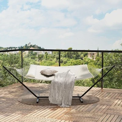 Double Hammock With Space Foldable Saving Steel Stand Included 2 Person Heavy Duty Outside Garden Yard 450lb Capacity For Garden Outdoor Beige 4 Double Hammock With Space Foldable Saving Steel Stand Included 2 Person Heavy Duty Outside Garden Yard 450lb Capacity For Garden Outdoor Beige - Image 4