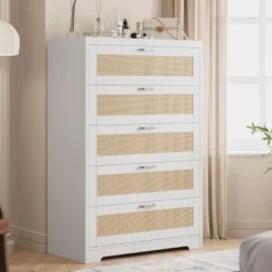 Tall Rattan Dresser With 5 Drawers,Wooden Spacious Storage Chest Of Drawers With Wide Top,Handles,Easy To Assemble,Modern Dresser -Garvee Sales GUEST 0ef36305 757c 49b9 8d58 dfbb984843b8