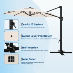 10FT Cantilever Umbrella W/ Solar Lights, 360° Rotation & Tilt, Easy Crank, UV Protection For Pool, Deck, Backyard