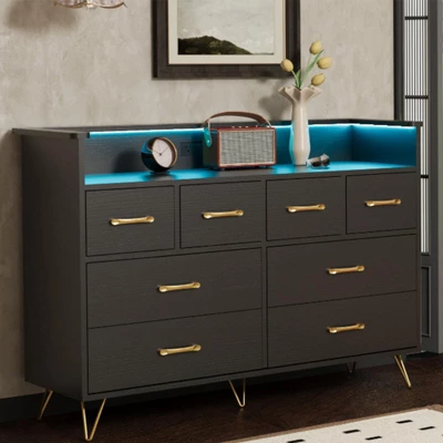 Dresser With Power Outlet And LED Lights, Wood 8 Drawer Dresser For Bedroom, Modern Chest Of Drawers For Closet, Living Room 9 Dresser With Power Outlet And LED Lights, Wood 8 Drawer Dresser For Bedroom, Modern Chest Of Drawers For Closet, Living Room - Image 9