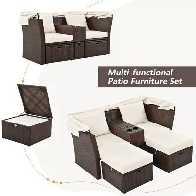 Outdoor Daybed, Double Daybed With Retractable Sunshade Canopy, Built-in Cup Holders And Storage Boxes, 2 Pillows, 2-Seater Sofa For Garden 6 Outdoor Daybed, Double Daybed With Retractable Sunshade Canopy, Built-in Cup Holders And Storage Boxes, 2 Pillows, 2-Seater Sofa For Garden - Image 6