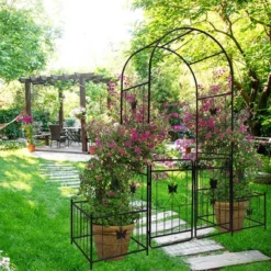 Garden Arbor Arch With Gate And Plant Box, 86.6 Inches Wedding Arches For Ceremony, Metal Garden Trellis