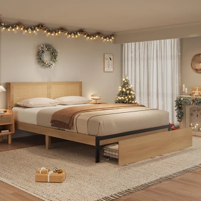Rattan Bed Frame Bed Frame With 2 Drawers, Wooden Platform Bed With Rattan Headboard, Led Lights 2 Rattan Bed Frame Bed Frame With 2 Drawers, Wooden Platform Bed With Rattan Headboard, Led Lights - Image 2