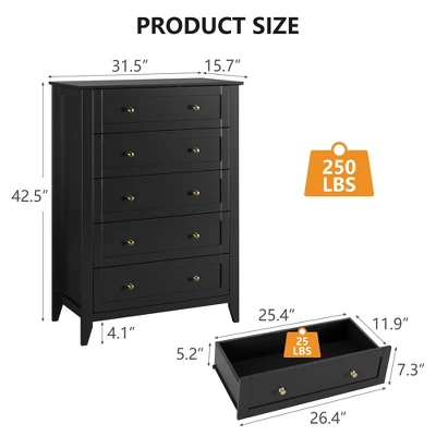 Wood Dresser For Bedroom, Chest Of Drawers With 5 Drawer & Metal Handle, Closet Store Organizer 2 Wood Dresser For Bedroom, Chest Of Drawers With 5 Drawer & Metal Handle, Closet Store Organizer - Image 2