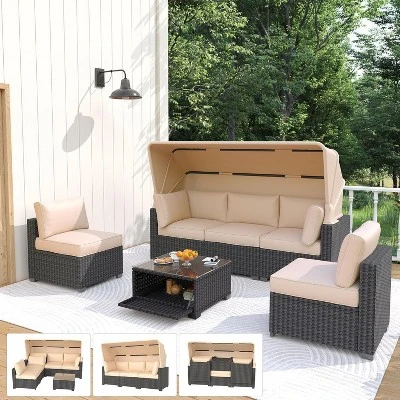 Garvee Outdoor Daybed With Canopy,6 Pieces Patio Furniture Sets Adjustable Backrest PE Gradient Wicker Sectional Furniture Set 1 Garvee Outdoor Daybed With Canopy,6 Pieces Patio Furniture Sets Adjustable Backrest PE Gradient Wicker Sectional Furniture Set