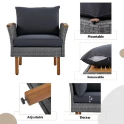 Outdoor Patio Rattan Sectional Sofa With Wooden Legs Tabletop, Upholstered Patio Sofa Set, All Weather Wicker Rattan Furniture, Gray -Garvee Sales GUEST 11278563 886d 4560 84cd 084de210a9d3