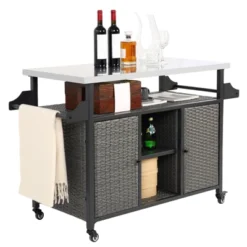 Outdoor Wicker Bar Cart, Island Rolling Cart With Stainless Steel Top, Patio Serving Cart, Beverage Bar Counter Table For Backyard Garden Grey