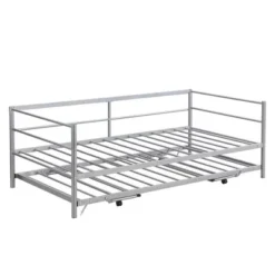 Twin Size Daybed With Pop Up Trundle, Bed Frame With Braces Safety Guardrail, No Box Spring Needed, Sturdy Metal Slat Support, Folding Platform Bed