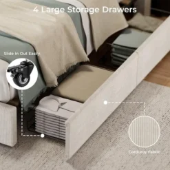 Full/ Queen/King Size Platform Bed Frame With Tufted Wingback Headboard, Corduroy Upholstered, 4 Storage Drawers, Wooden Slats, No Box Spring Needed -Garvee Sales GUEST 11898924 03e9 476a b6fd 7fa5a433e89c