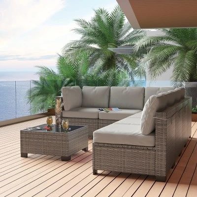 7 Piece Patio Furniture Set - PE Rattan Wicker Sectional Sofa With Cushions & Glass Coffee Table For Garden, Balcony, Porch, Backyard 8 7 Piece Patio Furniture Set - PE Rattan Wicker Sectional Sofa With Cushions & Glass Coffee Table For Garden, Balcony, Porch, Backyard - Image 8